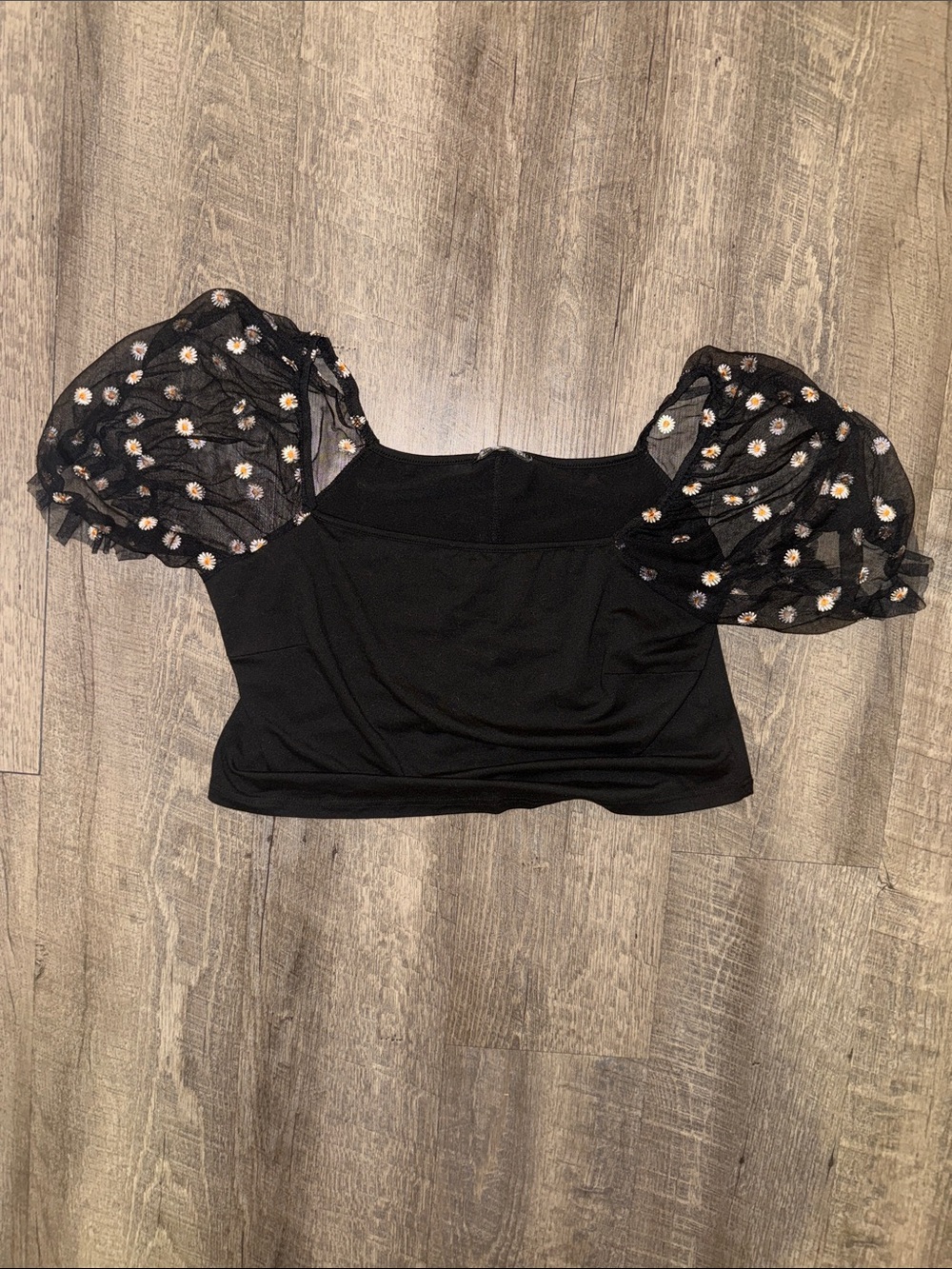 SHEIN Black Square Neck Crop Top with Daisy Mesh Puff Sleeves